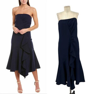 Shoshanna‎ Levanzo Strapless Ruffle Midi Dress Navy Blue Size 12